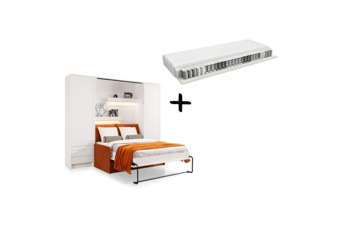 Pack : Armoire lit escamotable avec canapé intégré 140x200 cm blanc mat + 2 armoires blanc mat + Matelas 140x200 cm