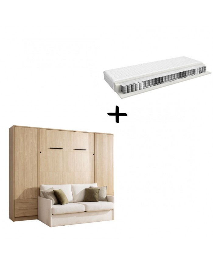 Pack : Armoire lit escamotable avec canapé intégré 140x200 cm Chêne huilé  + 2 armoires Chêne huilé + Matelas  140x200 cm