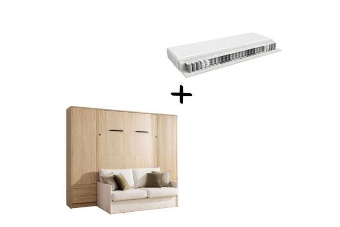 Pack : Armoire lit escamotable avec canapé intégré 140x200 cm Chêne huilé  + 2 armoires Chêne huilé + Matelas  140x200 cm