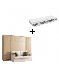 Pack : Armoire lit escamotable avec canapé intégré 140x200 cm Chêne huilé  + 2 armoires Chêne huilé + Matelas  140x200 cm
