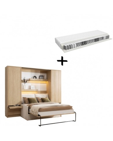Pack : Armoire lit escamotable avec canapé intégré 140x200 cm Chêne huilé  + 2 armoires Chêne huilé + Matelas  140x200 cm