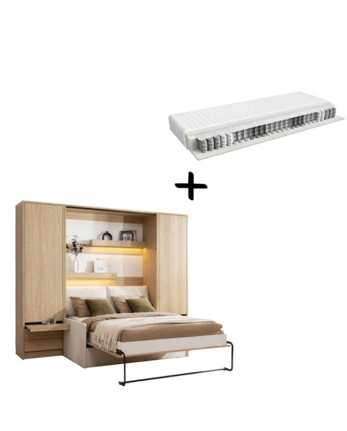 Pack : Armoire lit escamotable avec canapé intégré 140x200 cm Chêne huilé  + 2 armoires Chêne huilé + Matelas  140x200 cm