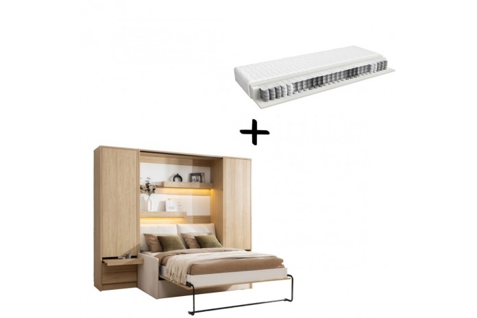 Pack : Armoire lit escamotable avec canapé intégré 140x200 cm Chêne huilé  + 2 armoires Chêne huilé + Matelas  140x200 cm