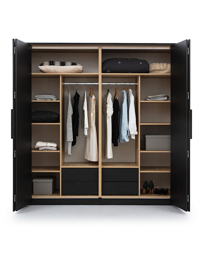 Armoire 204 cm chêne huilé avec portes accordéon et LEDs Loft Black