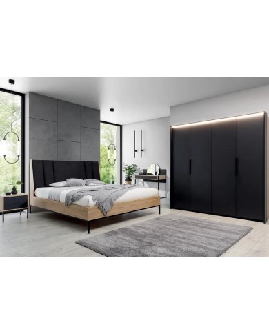 Armoire 204 cm chêne huilé avec portes accordéon et LEDs Loft Black
