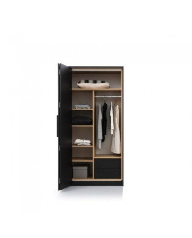 Armoire 104 cm chêne huilé et noir mat avec portes accordéon et LEDs Loft Black