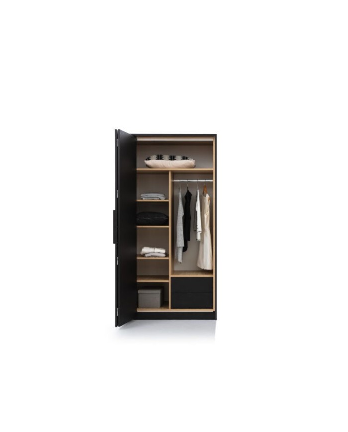 Armoire 104 cm chêne huilé et noir mat avec portes accordéon et LEDs Loft Black