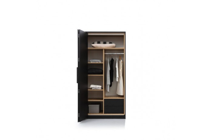 Armoire 104 cm chêne huilé et noir mat avec portes accordéon et LEDs Loft Black