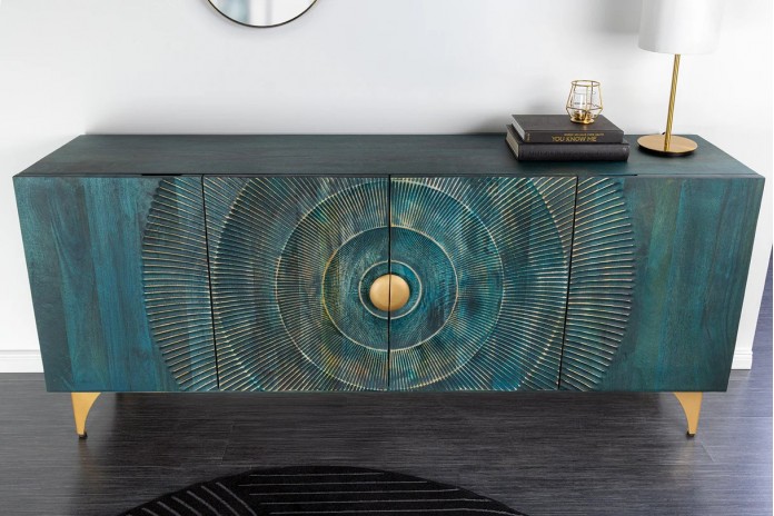 Buffet bois massif de manguier 180 cm effet 3D turquoise AMMONIS