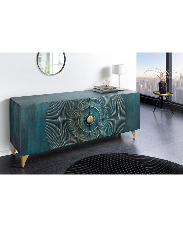 Buffet bois massif de manguier 180 cm effet 3D turquoise AMMONIS