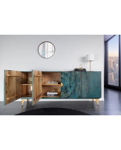 Buffet bois massif de manguier 180 cm effet 3D turquoise AMMONIS