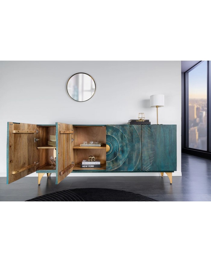 Buffet bois massif de manguier 180 cm effet 3D turquoise AMMONIS