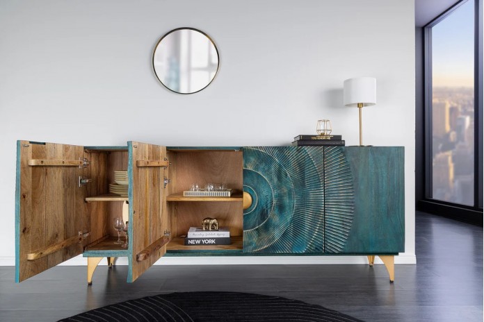 Buffet bois massif de manguier 180 cm effet 3D turquoise AMMONIS