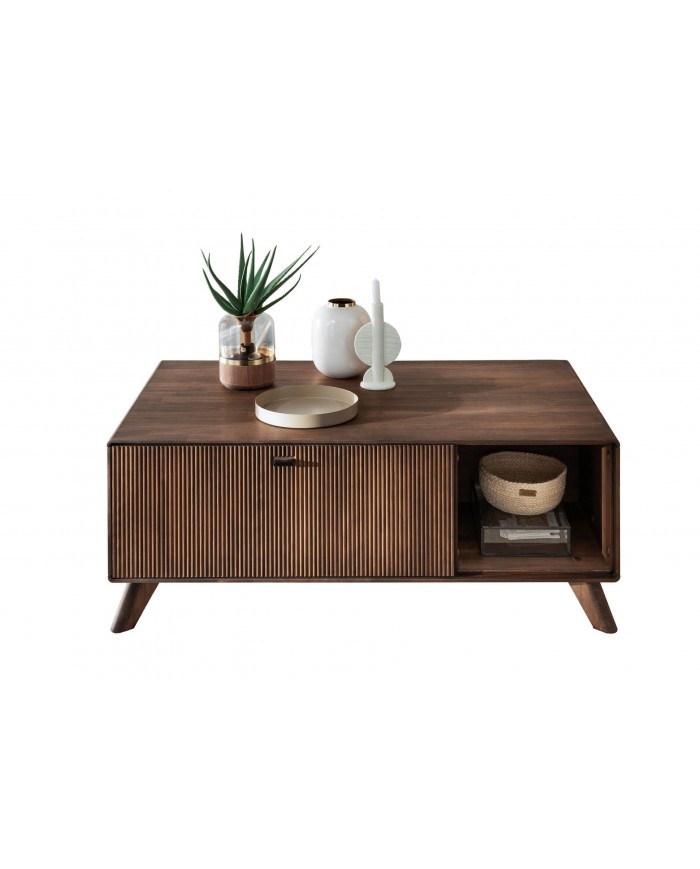 Table basse hêtre massif huilé niche ouverte et porte 118 cm Tabac