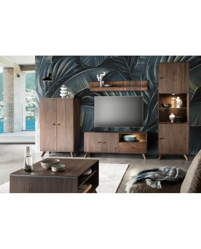 Buffet 180 cm 2 portes 4 tiroirs niches ouvertes hêtre huilé Tabac