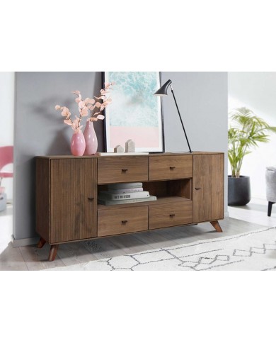 Buffet 180 cm 2 portes 4 tiroirs niches ouvertes hêtre huilé Tabac