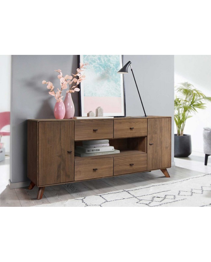 Buffet 180 cm 2 portes 4 tiroirs niches ouvertes hêtre huilé Tabac
