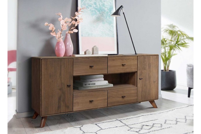 Buffet 180 cm 2 portes 4 tiroirs niches ouvertes hêtre huilé Tabac