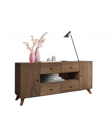 Buffet 180 cm 2 portes 4 tiroirs niches ouvertes hêtre huilé Tabac