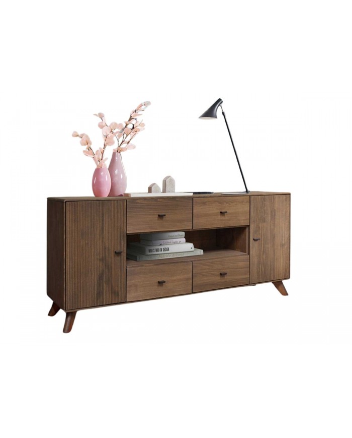 Buffet 180 cm 2 portes 4 tiroirs niches ouvertes hêtre huilé Tabac