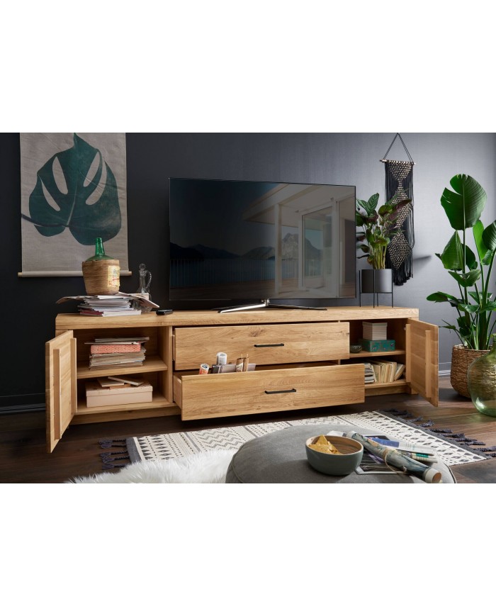 Meuble TV avec 2 portes et 2 tiroirs 170 cm chêne massif Prestige III