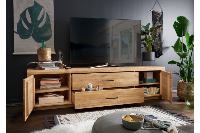 Meuble TV avec 2 portes et 2 tiroirs 170 cm chêne massif Prestige III