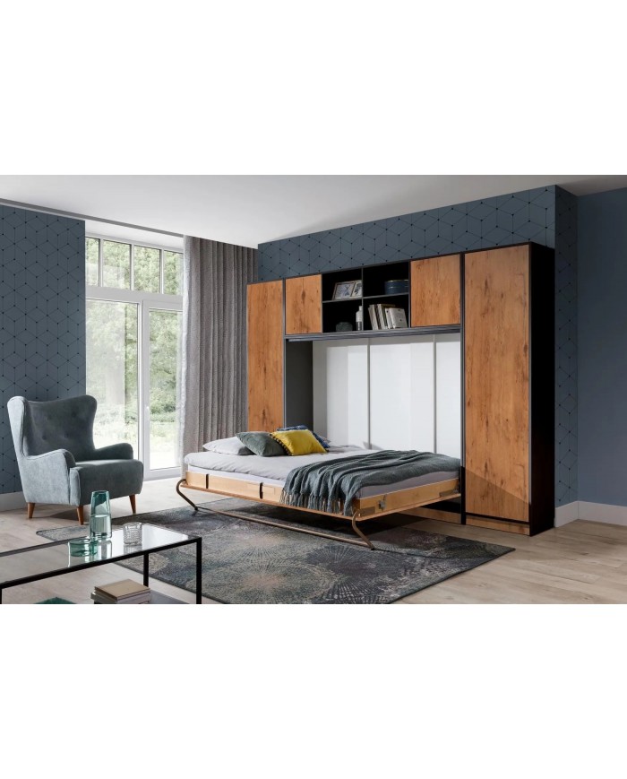 Armoire lit escamotable relevable horizontal 140x200 cm chêne lancelot et noir Premium