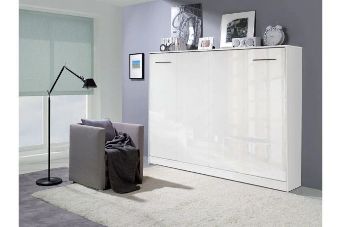 Armoire lit escamotable relevable horizontal 140x200 cm blanc brillant Premium