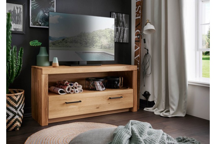 Meuble Tv Grand tiroir et niche ouverte 118 cm en chêne massif huilé