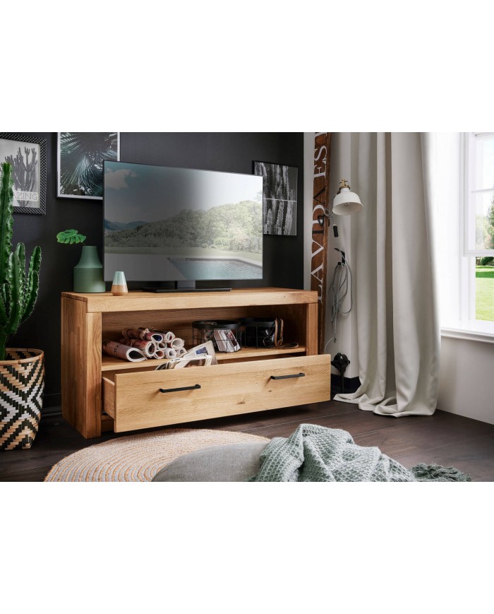 Meuble Tv Grand tiroir et niche ouverte 118 cm en chêne massif huilé