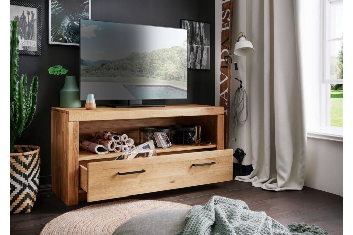 Meuble Tv Grand tiroir et niche ouverte 118 cm en chêne massif huilé