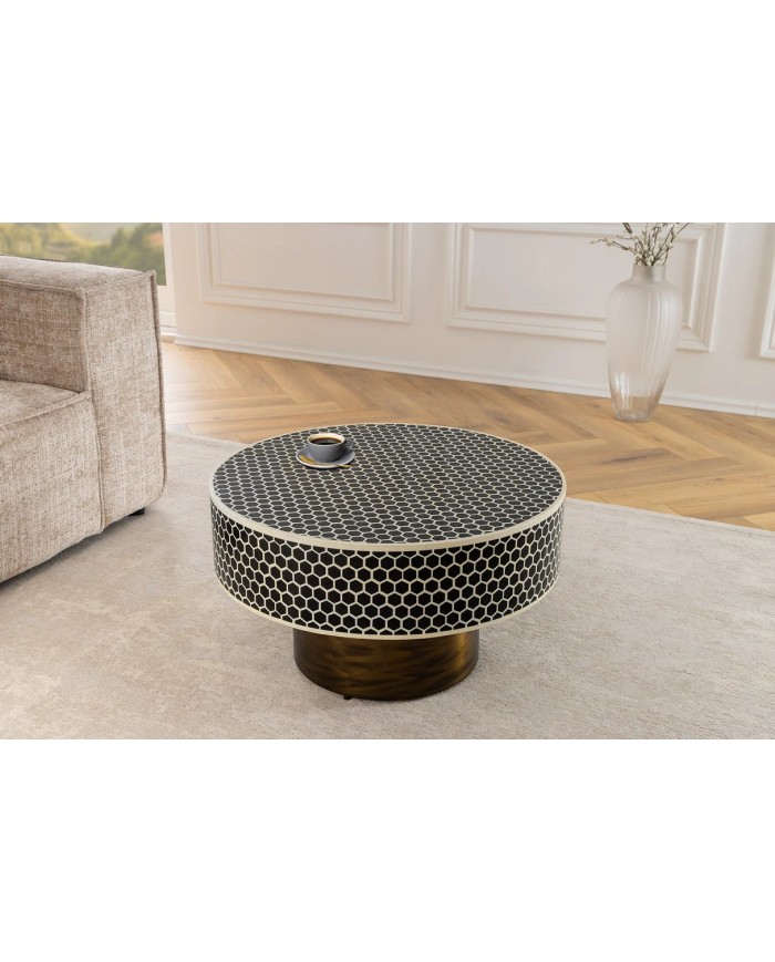 Table basse ronde design 60 cm structure dorée noir et blanc ALTIS