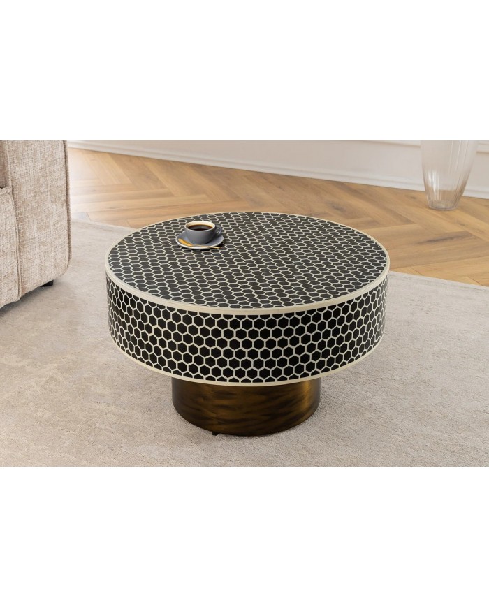 Table basse ronde design 60 cm structure dorée noir et blanc ALTIS