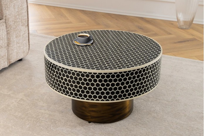 Table basse ronde design 60 cm structure dorée noir et blanc ALTIS