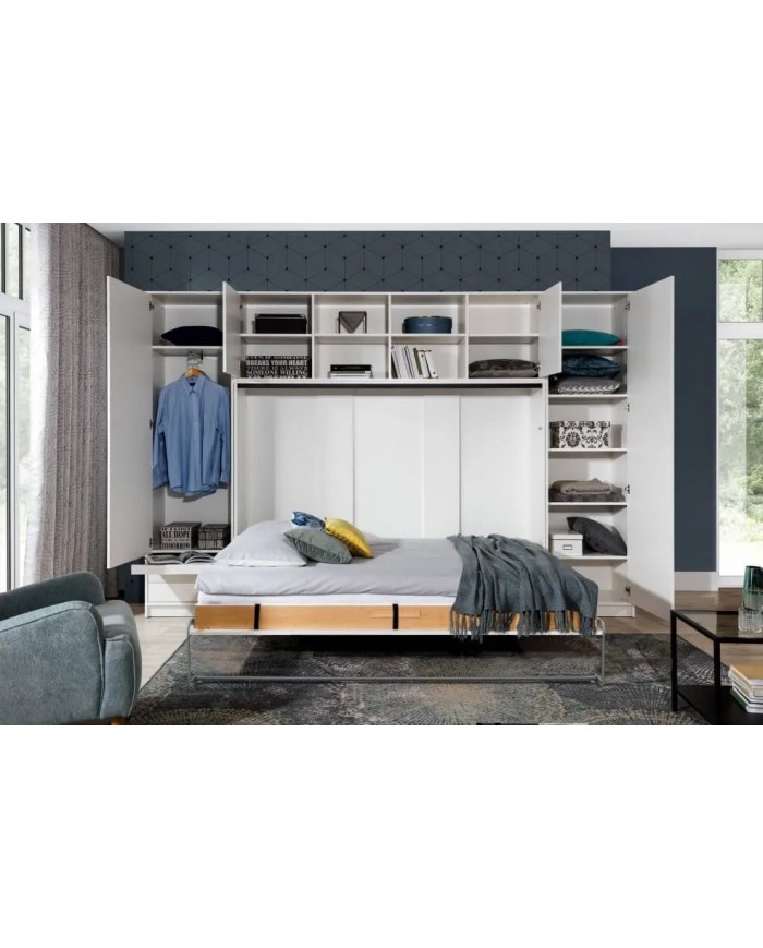 Armoire lit escamotable relevable horizontal 140x200 cm blanc brillant Premium