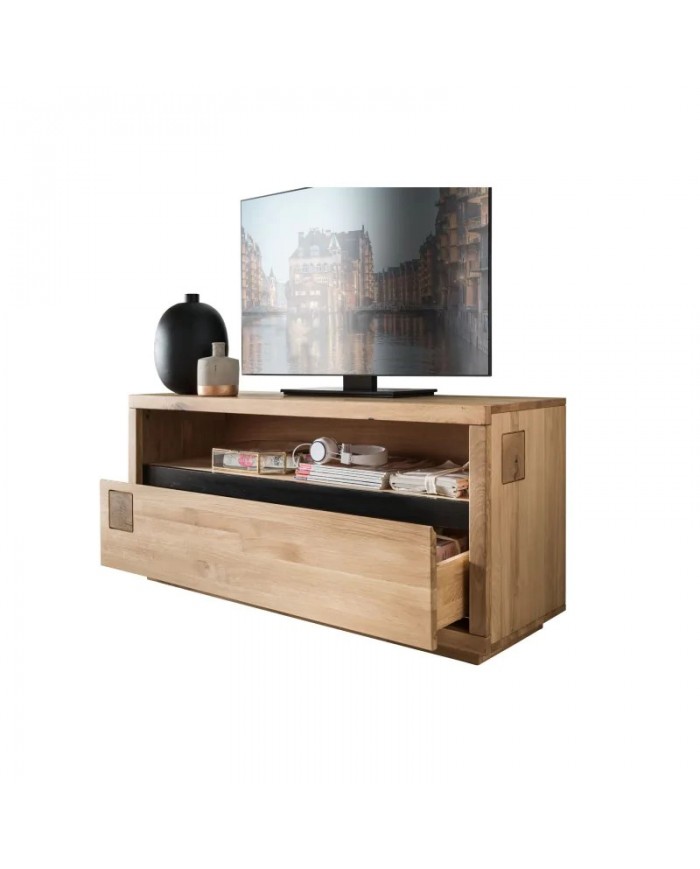 Meuble TV grand tiroir et niche chêne massif 130 cm Collection Artisan
