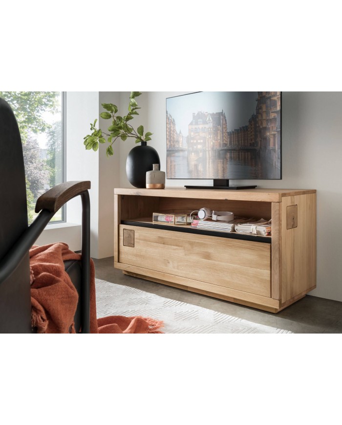 Meuble TV grand tiroir et niche chêne massif 130 cm Collection Artisan
