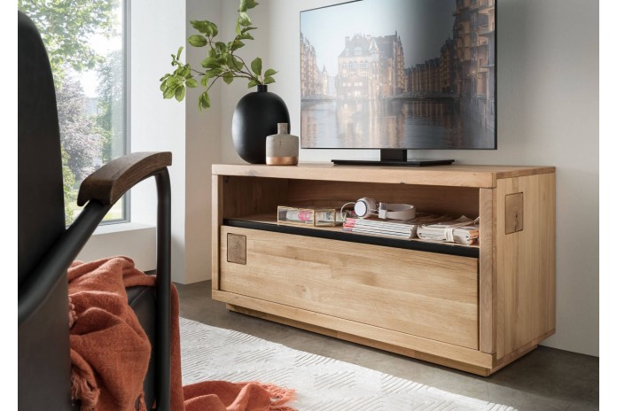 Meuble TV grand tiroir et niche chêne massif 130 cm Collection Artisan