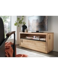 Meuble TV grand tiroir et niche chêne massif 130 cm Collection Artisan