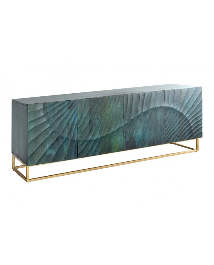 Buffet en bois massif avec reliefs 3D turquoise et pieds en métal dorés 180 cm AZUR