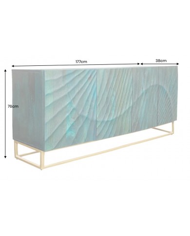 Buffet en bois massif avec reliefs 3D turquoise et pieds en métal dorés 180 cm AZUR