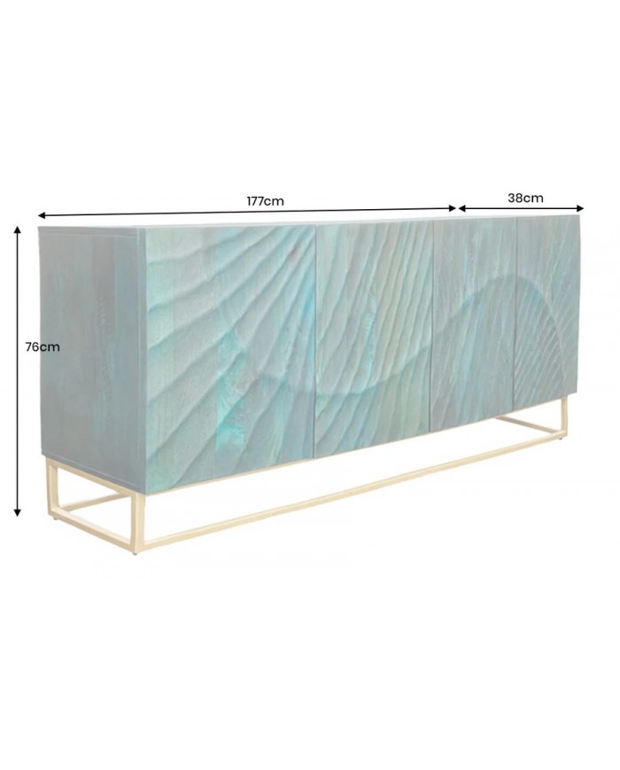 Buffet en bois massif avec reliefs 3D turquoise et pieds en métal dorés 180 cm AZUR