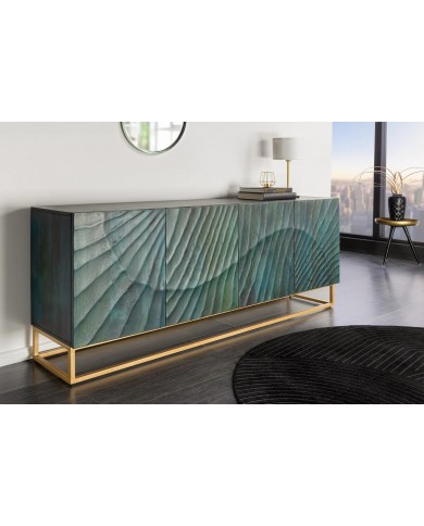 Buffet en bois massif avec reliefs 3D turquoise et pieds en métal dorés 180 cm AZUR