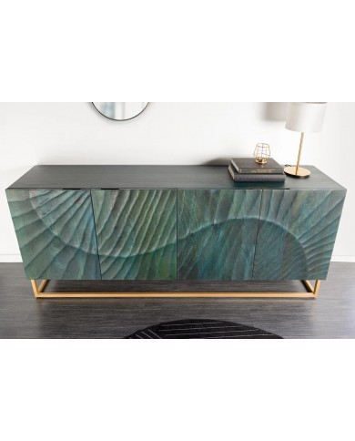 Buffet en bois massif avec reliefs 3D turquoise et pieds en métal dorés 180 cm AZUR