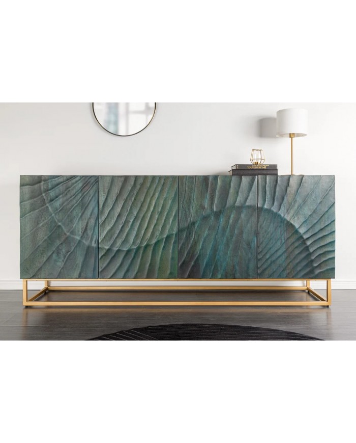 Buffet en bois massif avec reliefs 3D turquoise et pieds en métal dorés 180 cm AZUR