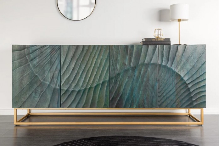 Buffet en bois massif avec reliefs 3D turquoise et pieds en métal dorés 180 cm AZUR