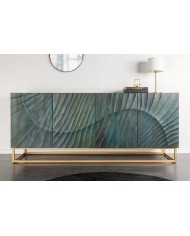 Buffet en bois massif avec reliefs 3D turquoise et pieds en métal dorés 180 cm AZUR
