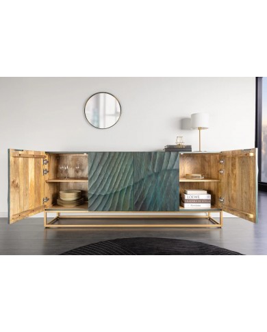 Buffet en bois massif avec reliefs 3D turquoise et pieds en métal dorés 180 cm AZUR