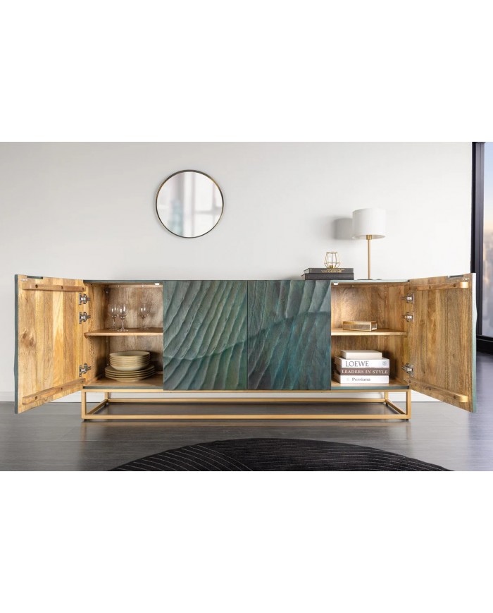 Buffet en bois massif avec reliefs 3D turquoise et pieds en métal dorés 180 cm AZUR