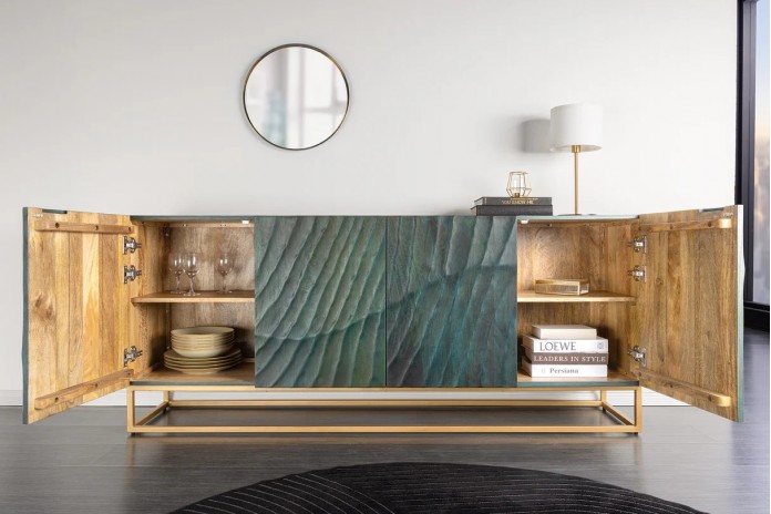 Buffet en bois massif avec reliefs 3D turquoise et pieds en métal dorés 180 cm AZUR